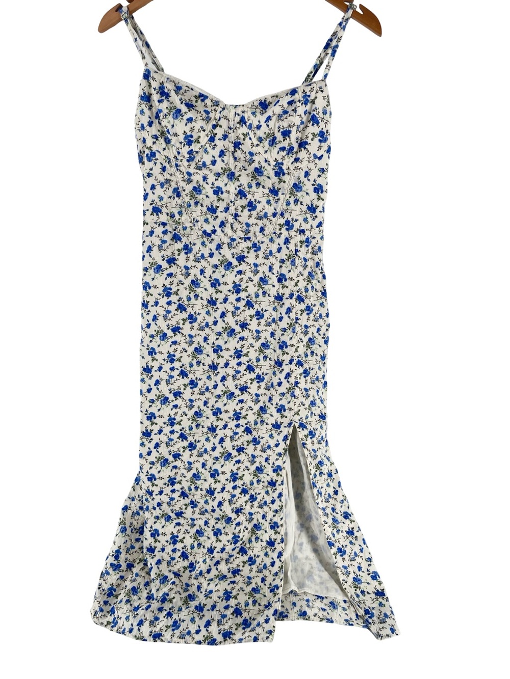 Bershka Blue Floral Corset Midi Dress Lace-Up Back Cotton Lined Women’s L - Picture 2 of 15